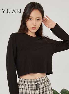 金苑长袖T恤女春季新款宽松纯色打底衫短款针织上衣F221103