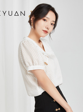 金苑雪纺衫女夏季新款波点时尚气质娃娃领短袖上衣女A222135