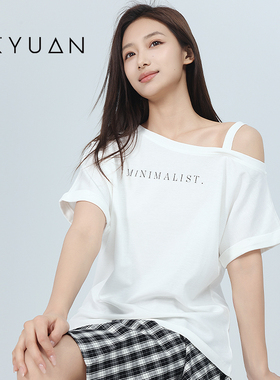 金苑字母印花一字肩露肩短袖T恤女2025夏季新款休闲上衣F252122