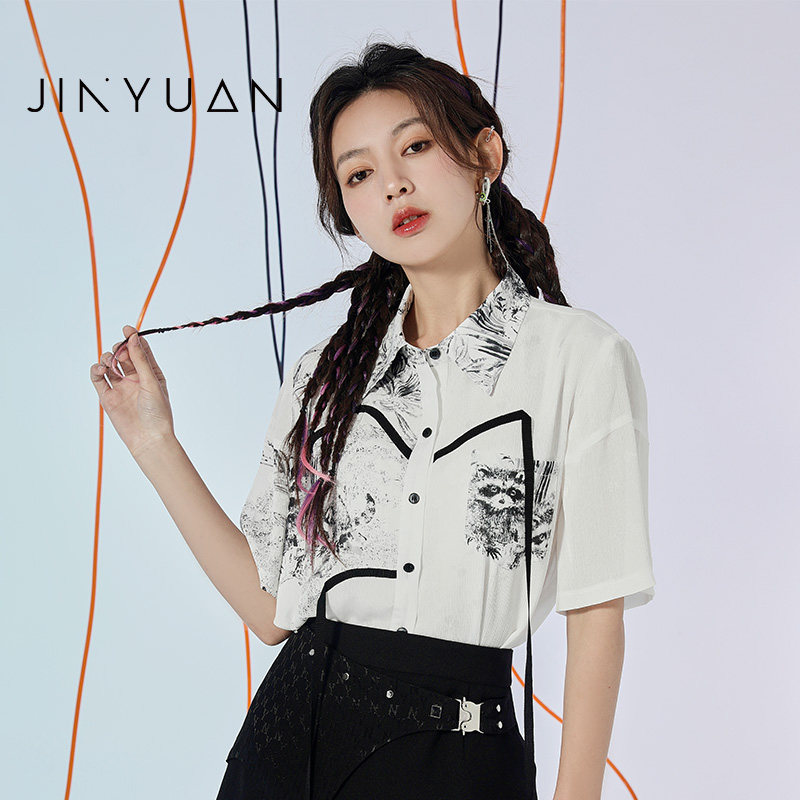 金苑衬衫女夏季新款时尚潮流印花设计感短袖上衣A222140