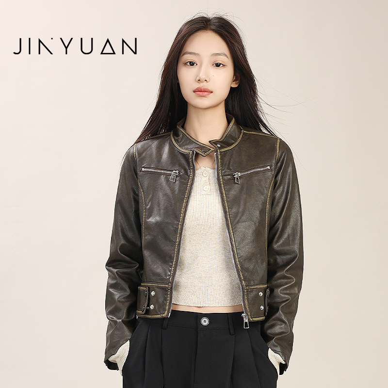 金苑秋季新款ins街头短款皮衣外套女夹克复古气质机车服D243115