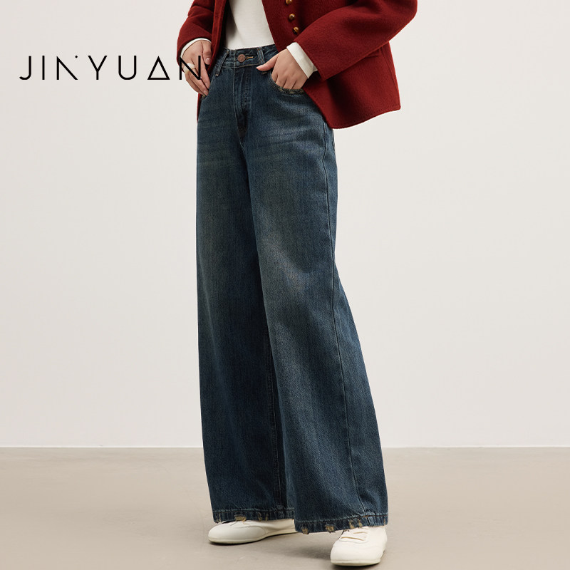 金苑复古阔腿牛仔裤女秋冬季2025新款高腰宽松直筒裤子C253119