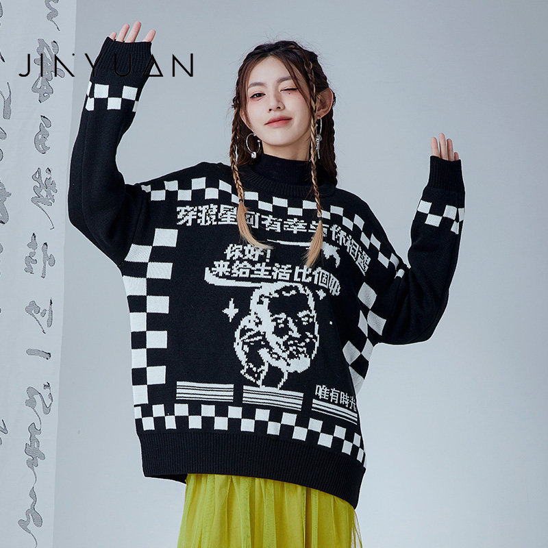 金苑韩版冬新款潮流穿搭慵懒风小众毛衣潮女人像纹设计感H225102