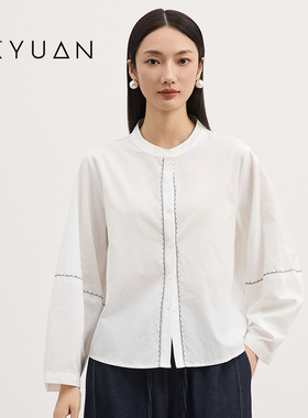 金苑高级感明线刺绣圆领衬衫女2025秋季宽松超好看衬衣A253125