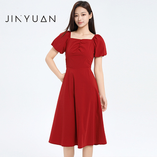 方领收腰A字短裙子G252129 短袖 金苑红色连衣裙女2025夏季 新款