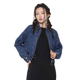 金苑短外套女秋季新款时尚潮流短款拉链格纹牛仔夹克D223107