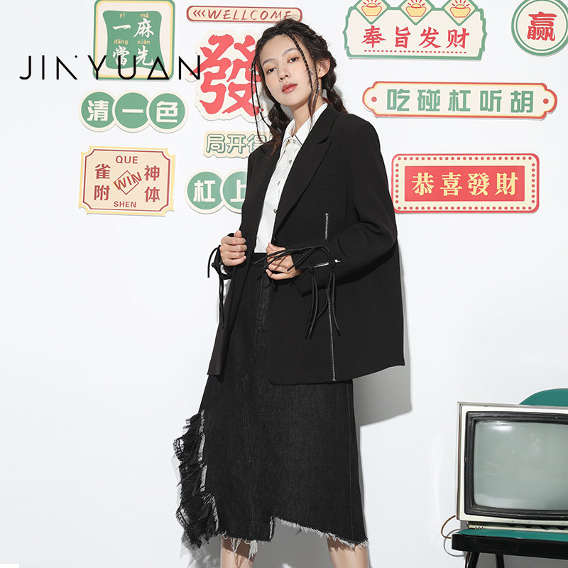 金苑外套女秋季新款宽松设计感拉链单排扣黑色西服女D223106