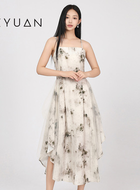 金苑复古吊带连衣裙女夏季新款气质方领无袖印花长裙G242147