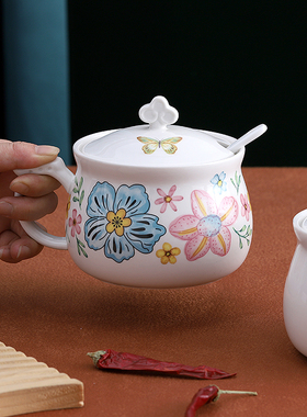 600ml大号辣椒油罐家用厨房陶瓷调味罐耐高温带手柄单个调料罐