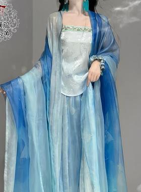柳汀居汉服--云梦 大袖衫肚兜吊带分片裙 清冷蓝色汉服