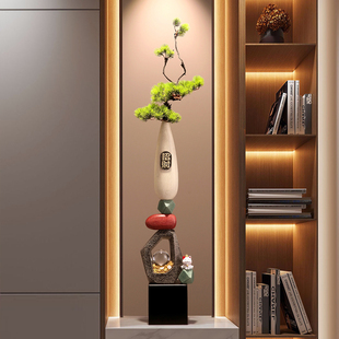 入户玄关迎客松时来运转摆件新中式细长高插花瓶客厅角落地装饰品