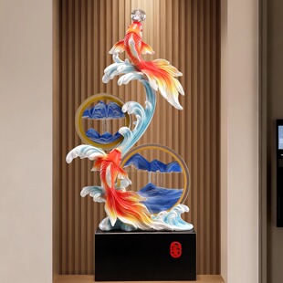 双鱼戏珠流沙画摆件锦锂客厅入门玄关竖高装饰办公室乔迁开业礼品