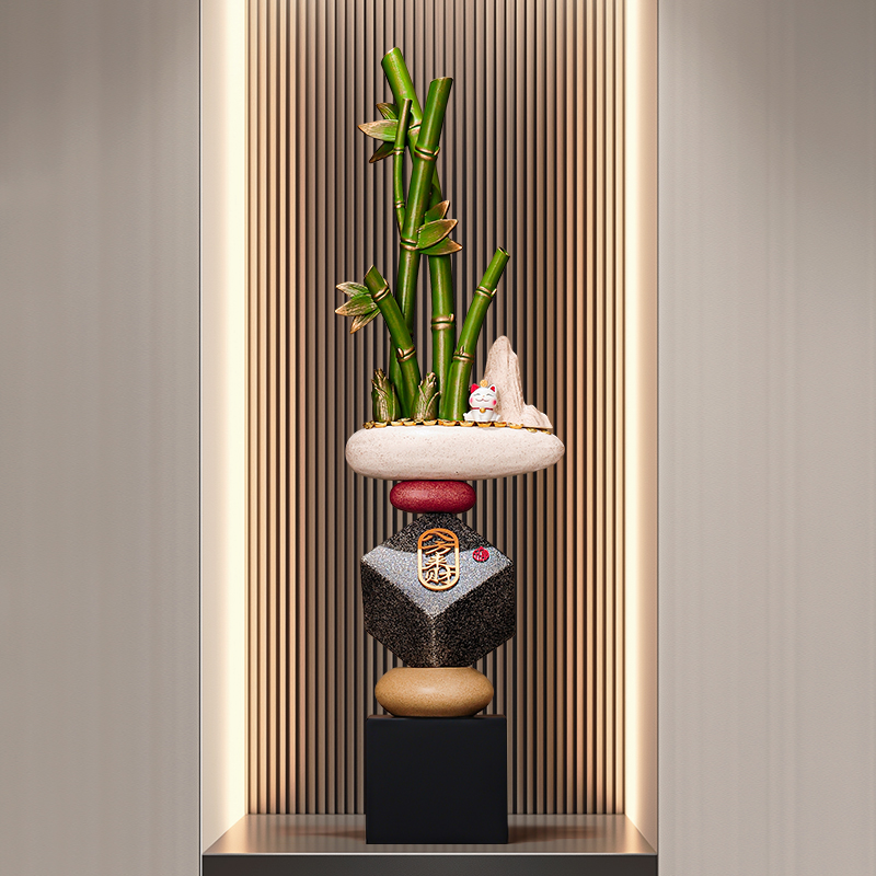 入户正对门屏风摆件石头竹节落地新中式客厅开放格办公室竖高装饰