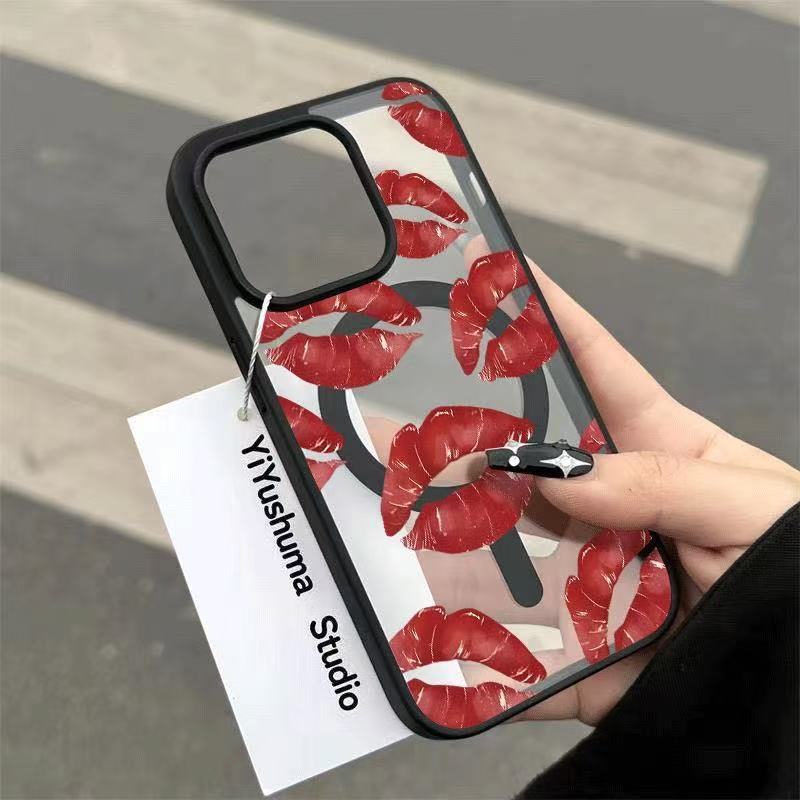 小众满屏唇印适用iPhone16苹果15promax手机壳13透明11黑框XSmax磁吸
