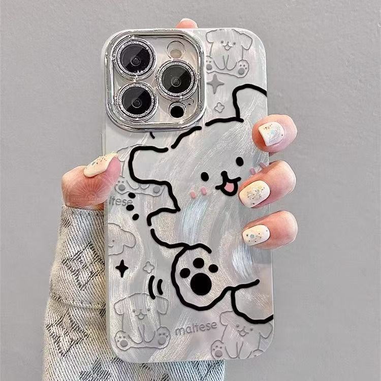 线条小狗适用苹果16promax手机壳iPhone15高级羽纱14pro带镜头膜13全包12小众11