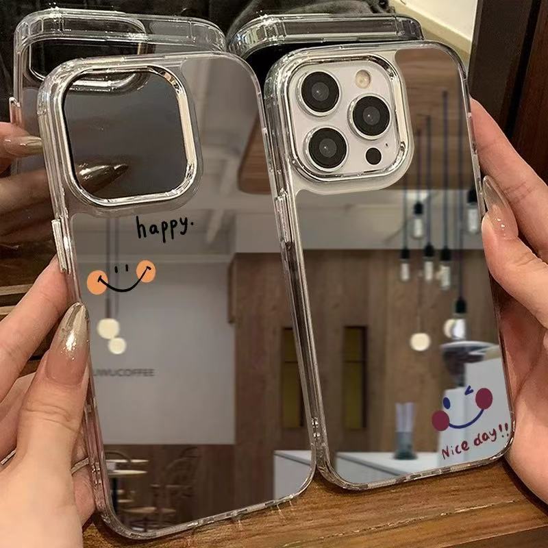 开心笑脸适用iPhone16promax手机壳苹果15高级镜面14pro防摔13小众12情侣11