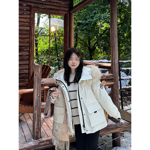 MYOU自制 毛领工装派克服女冬季白鸭绒150小个子羽绒服短外套XS