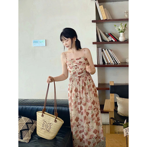 MYOU自制 150小个子吊带碎花雪纺连衣裙女设计感褶皱显高长款裙子