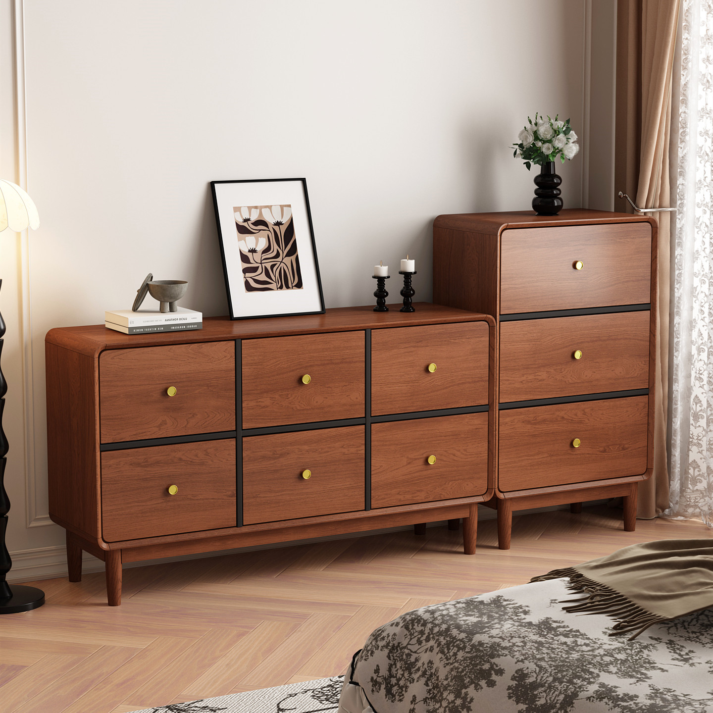 全实木斗柜中古风家用卧室靠墙大容量储物收纳柜八斗柜抽屉床尾柜