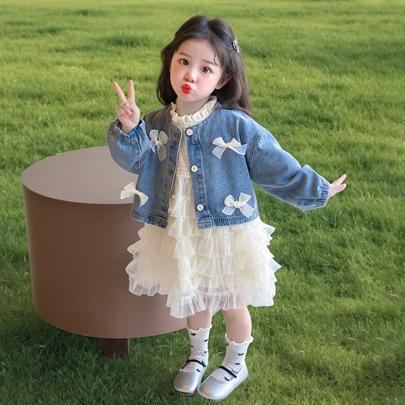 春秋款蝴蝶结牛仔外套加长袖网纱蛋糕裙公主裙女童中小童两件套装