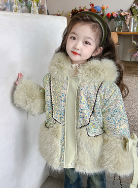 冬绿色亮闪闪大毛领连帽外套女童中小童亮片加厚保暖韩版2025新款
