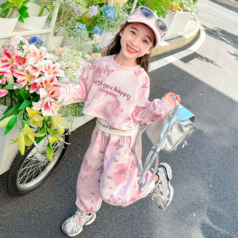 春秋款纯棉扎染短款卫衣加打底背心卫裤一整套女童中小童三件套装