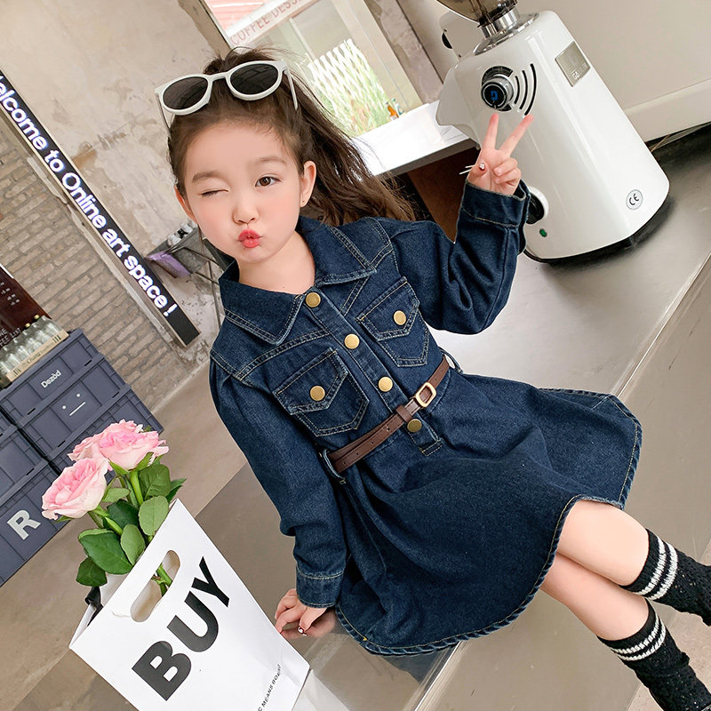 春秋款纯棉长袖翻领收腰牛仔裙女童中小童2025新款韩版洋气连衣裙