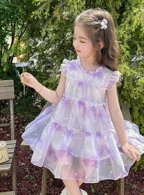 甜美风女童飞飞袖紫色连衣裙夏季蛋糕裙薄款透气小童公主裙中长裙