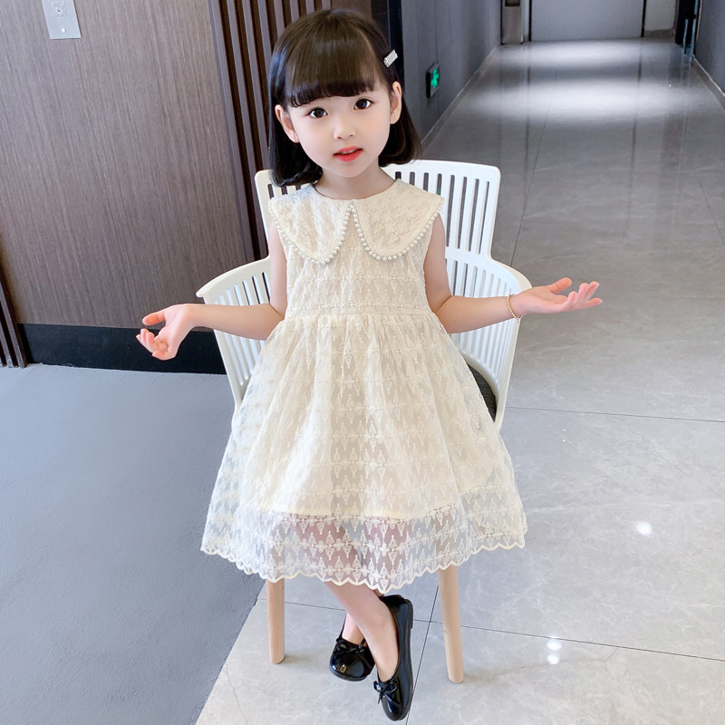 夏珍珠娃娃领无袖背心公主裙女童网纱中小童米白色镂空透气连衣裙