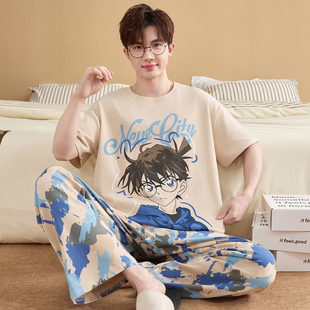 睡衣男款短袖长裤纯棉青少年初中学生中15岁12柯南13夏季2026新款