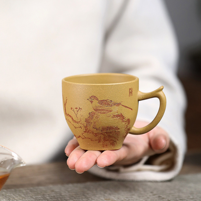 宜兴紫砂主人杯纯全手工刻绘山水杯原矿黄金段泥茶杯品茗杯大单杯