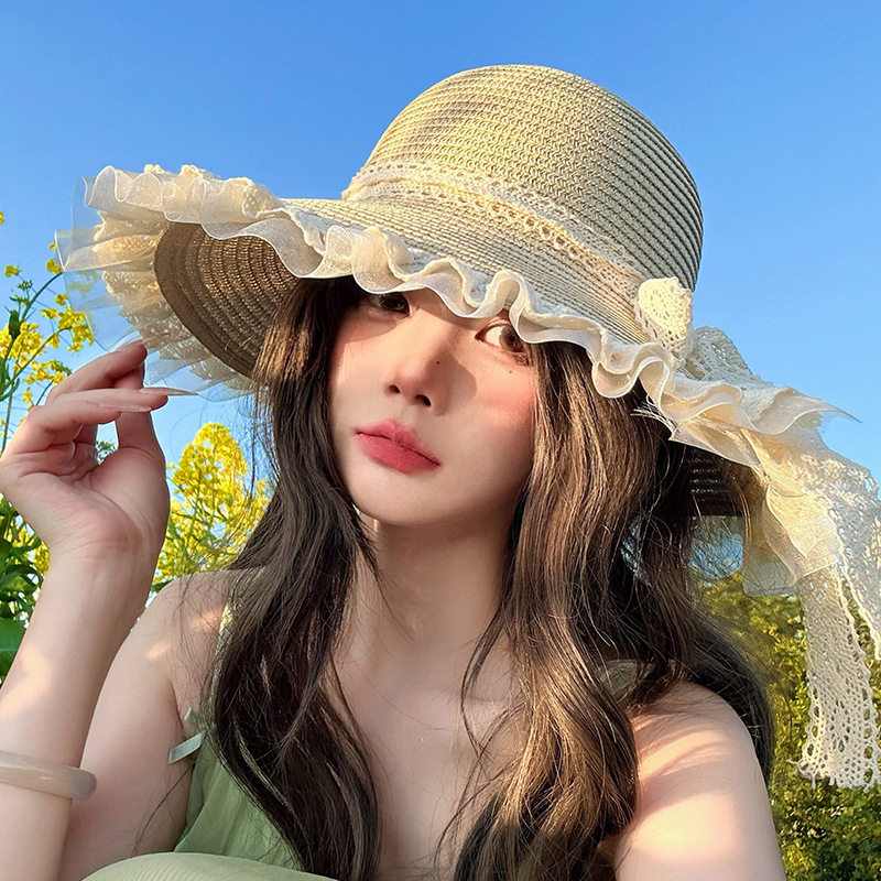 花边蝴蝶结遮阳草编帽子女夏天田园风大帽檐防晒帽出游度假沙滩帽