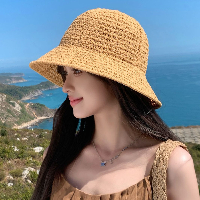 草编针织防晒帽女夏季透气薄款海边度假沙滩渔夫帽遮阳水桶盆帽