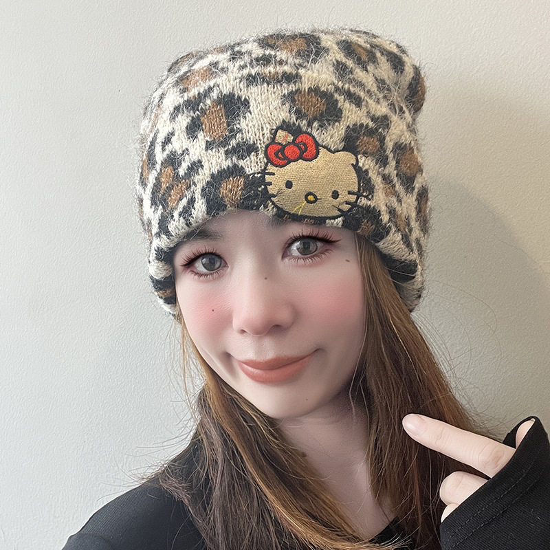 加厚宽松可爱猫豹纹毛线帽女秋冬显脸小针织帽大头围保暖包头
