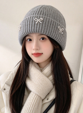 2026秋冬新款珍珠蝴蝶结针织帽子女甜美翻边冷帽大头围保暖毛线帽
