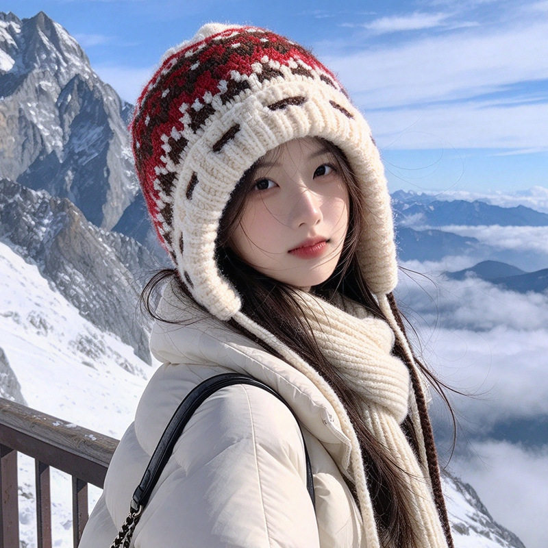 韩系复古费尔岛提花帽子女秋冬流苏护耳针织帽户外防寒保暖毛线帽