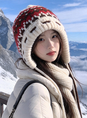 韩系复古费尔岛提花帽子女秋冬流苏护耳针织帽户外防寒保暖毛线帽
