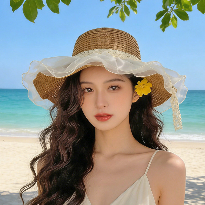 大檐波浪草帽女士夏季遮阳防紫外线海边沙滩帽蕾丝蝴蝶结太阳帽子