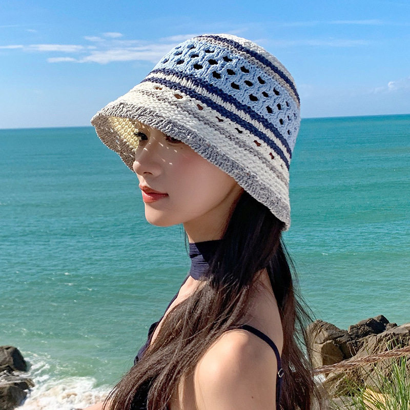 拼色针织镂空草编渔夫帽女夏季日系小清新海边度假遮阳防晒帽