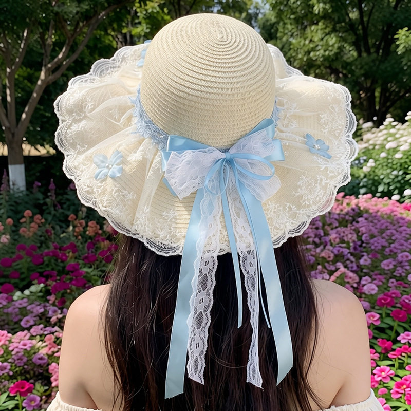 洛丽塔蓝色蝴蝶结草编帽女夏季户外出游海边沙滩帽度假拍照太阳帽