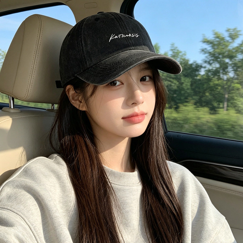 美式复古手写英文刺绣棒球帽女水洗做旧显脸小鸭舌帽遮阳防晒帽子