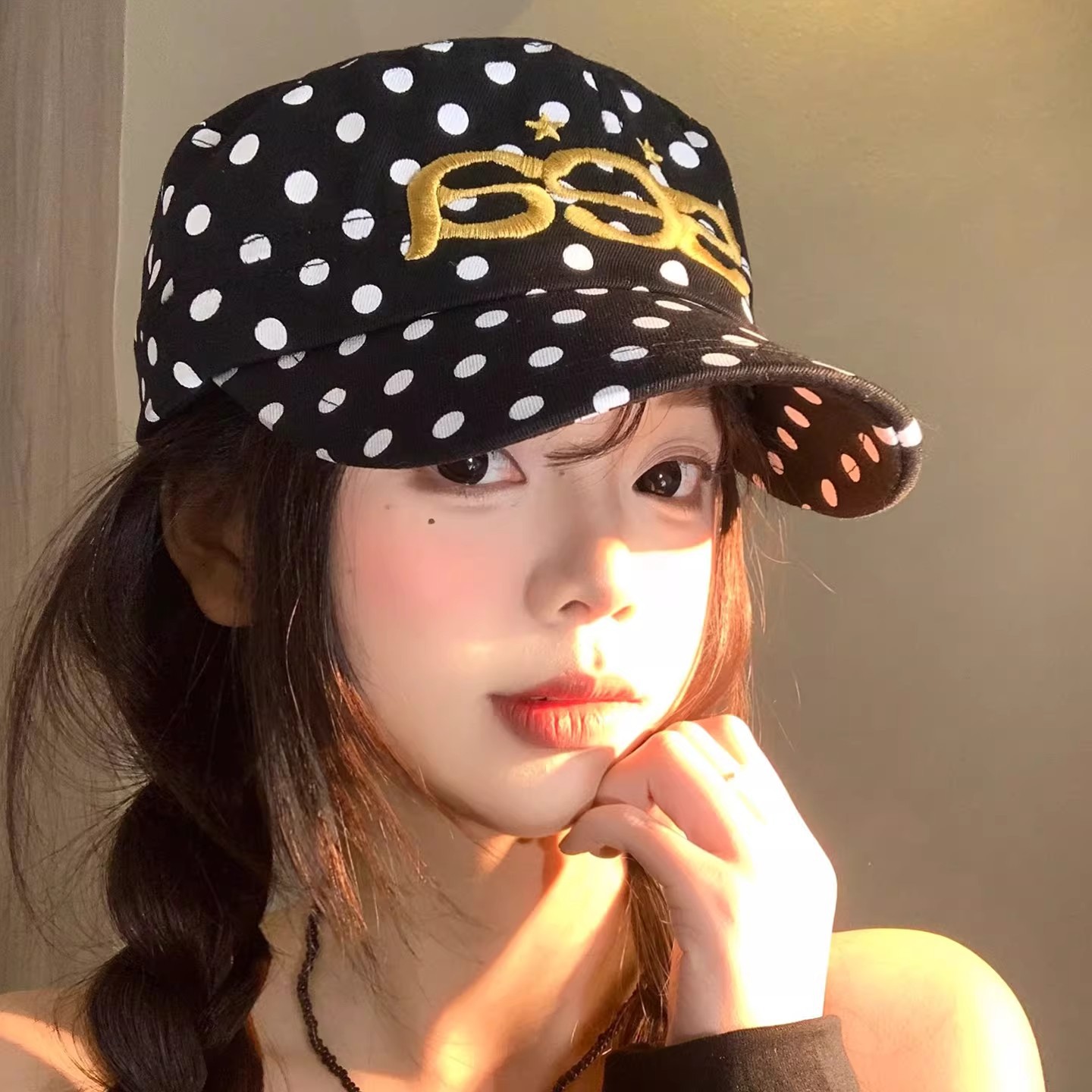 2026新款黑色波点平顶马术帽子女立体刺绣字母大头围春夏季鸭舌帽