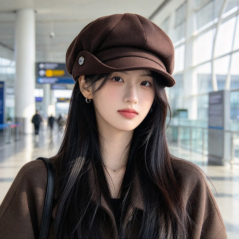 秋冬英伦复古毛呢八角报童帽子女纽扣贝雷帽显脸小文艺画家帽子潮