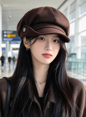 秋冬英伦复古毛呢八角报童帽子女纽扣贝雷帽显脸小文艺画家帽子潮