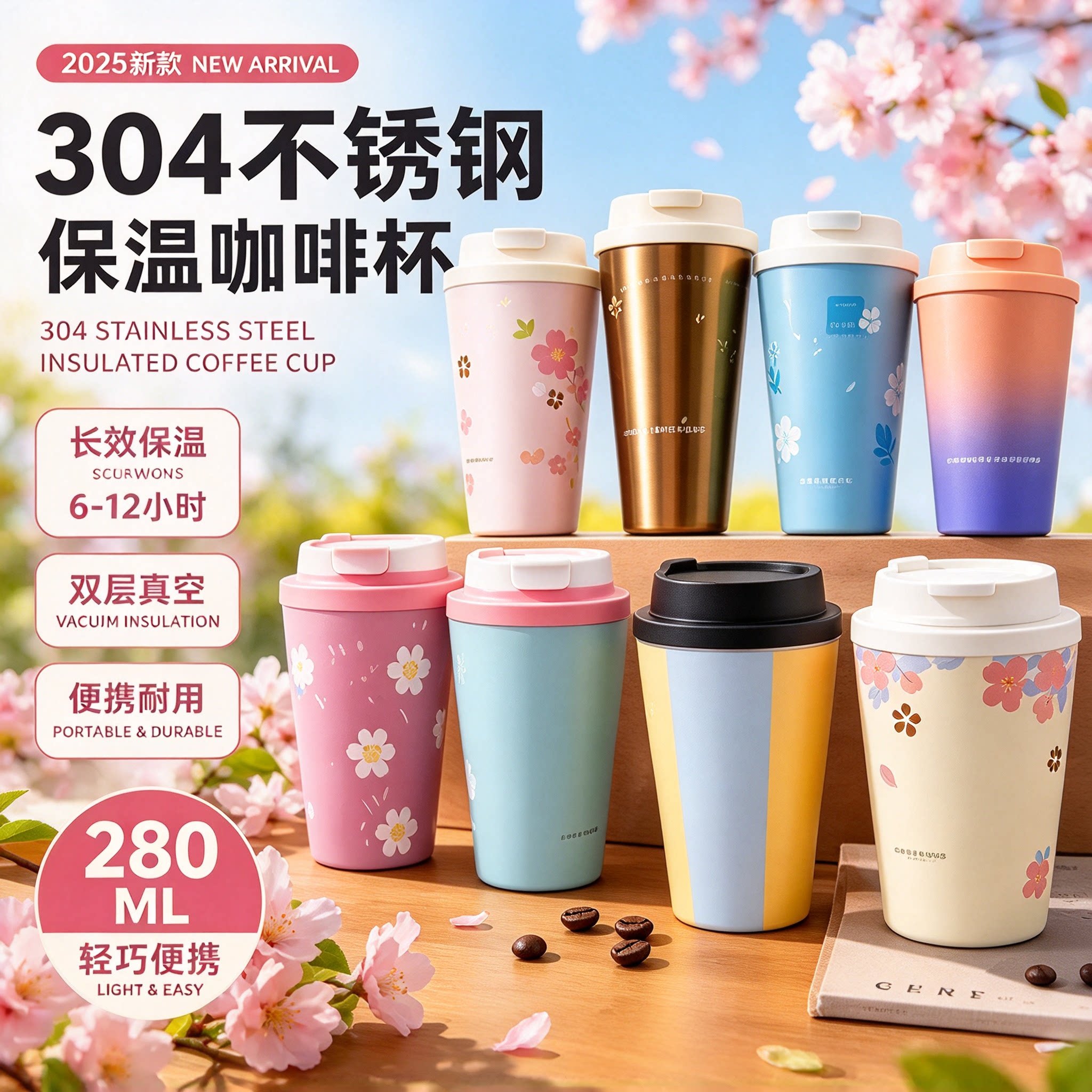 304不锈钢双层真空便携保温杯