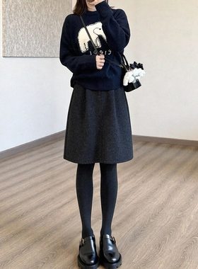 黑灰色花苞中裙毛呢半身裙大码胖mm小个子秋冬短裙梨形伯克利裙子