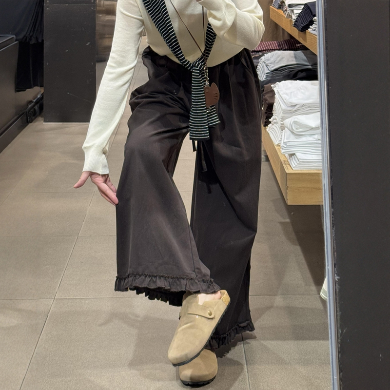 秋装花边阔腿工装棕色裤子大码女胖mm显瘦宽松设计感梧桐休闲长裤