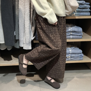 秋冬今年流行梧桐裤 子女款 胖mm灯芯绒美拉德小个子碎花棕色裤 大码