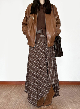 美拉德不规则棕色格子半身长裙秋季流行风格大码女梨型伯克利裙子