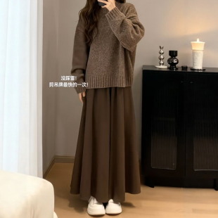 棕咖色梨形伯克利裙子半身裙春装 女胖mm遮胯长裙到脚踝百褶裙 大码